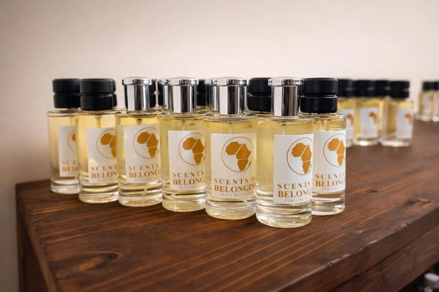 Rows of Scents of Belonging bottles on the walnut shelf at the gallery