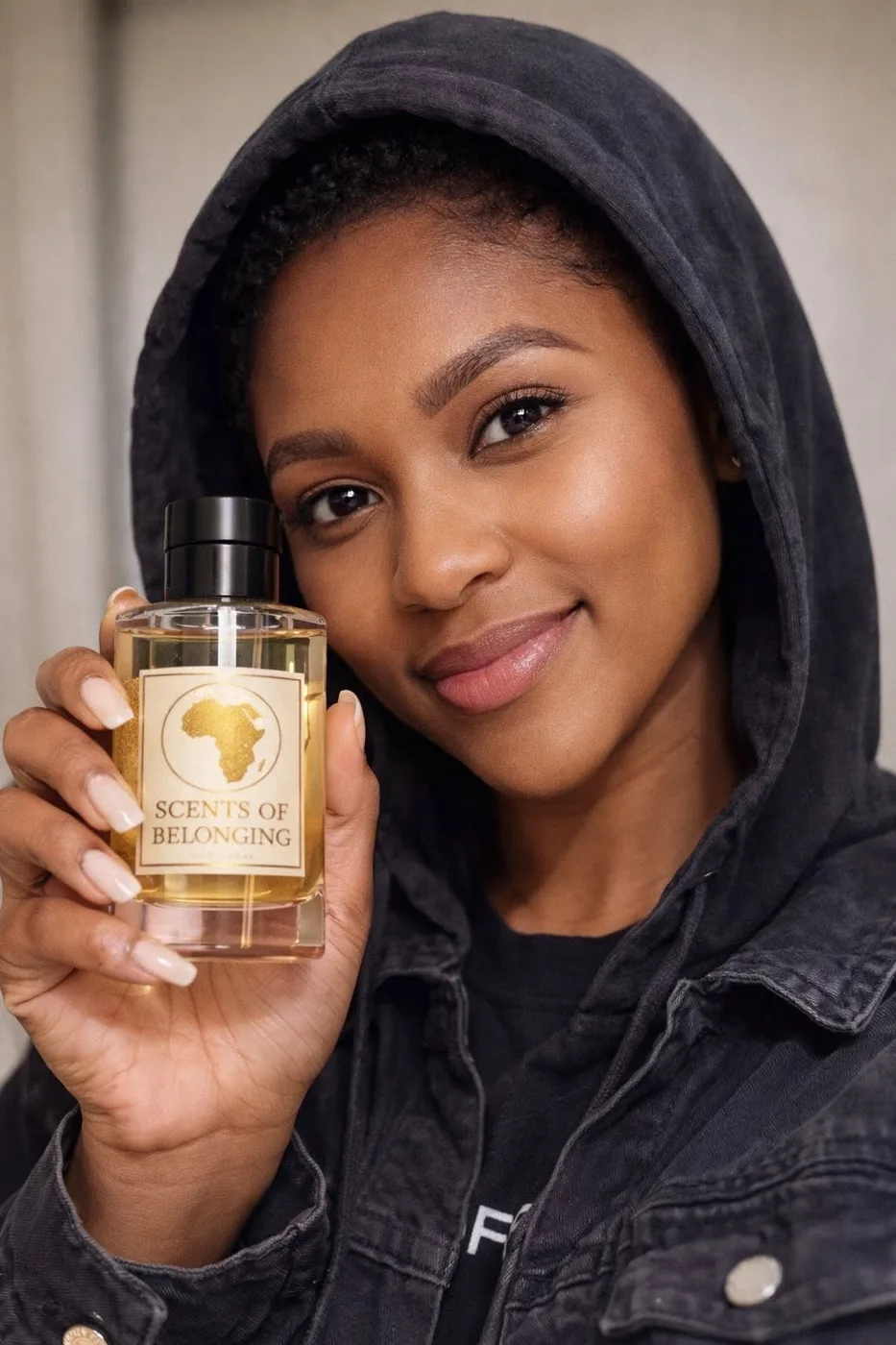A customer in a black hoodie smiles with her bottle