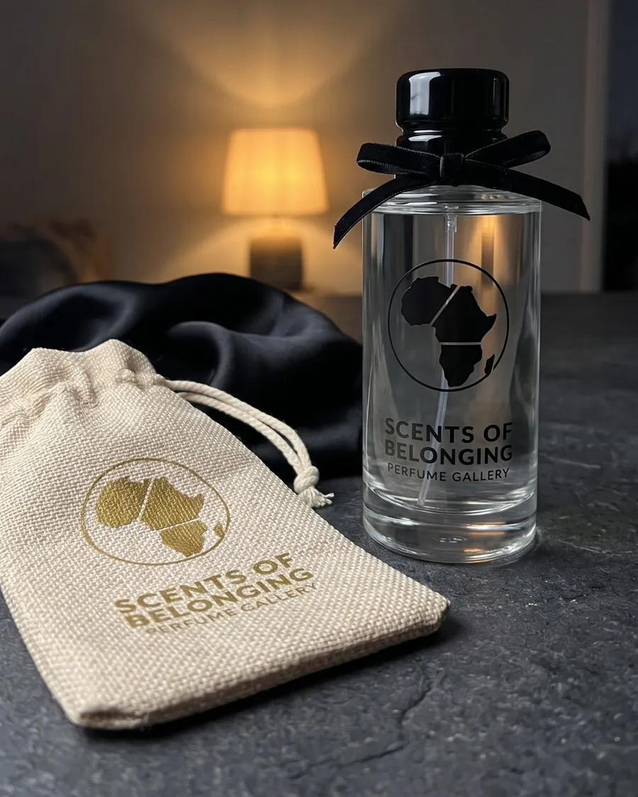 The clear Black Edition bottle with a black ribbon beside its jute pouch and a black silk scarf