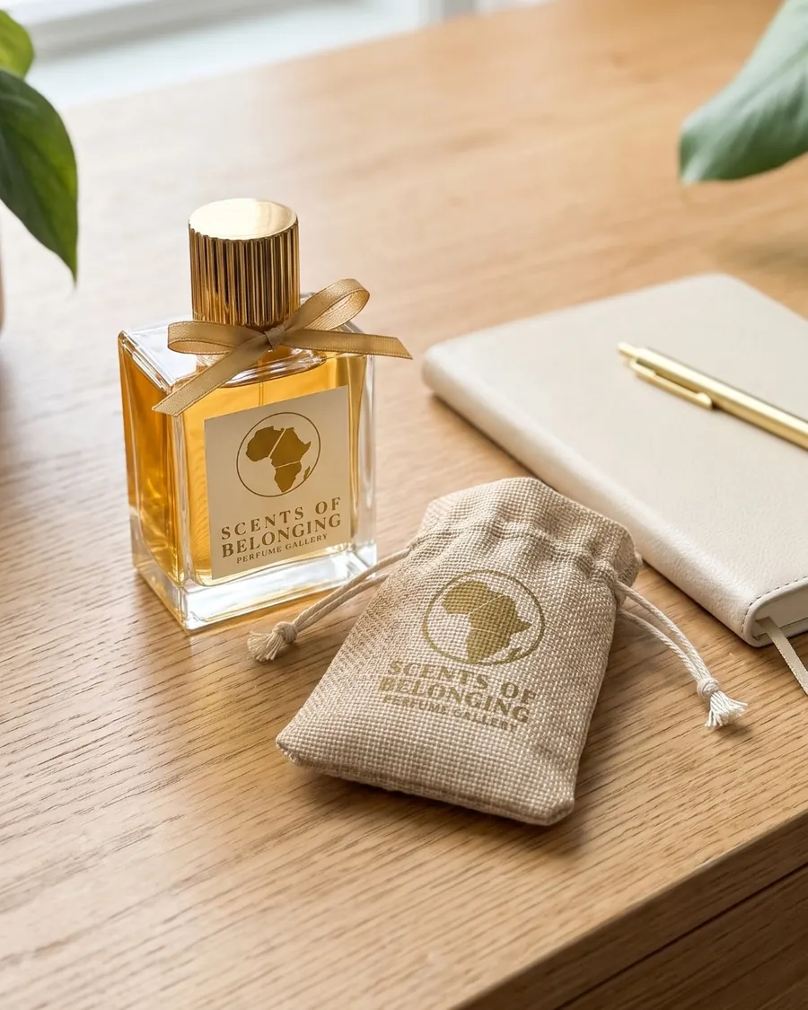 The fluted gold-cap bottle on a desk beside a cream notebook and its jute pouch