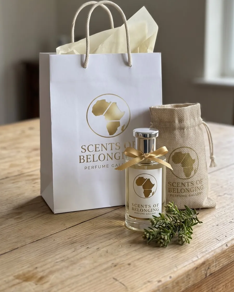 A Scents of Belonging bottle with a silver cap and a gold ribbon, beside its jute pouch and a white gift bag