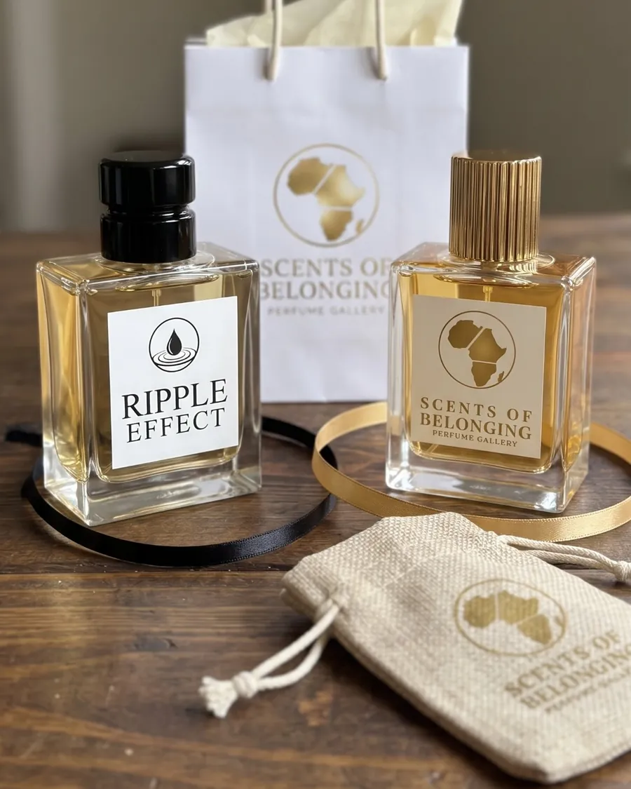 Ripple Effect and the fluted gold bottle side by side with black and gold ribbons