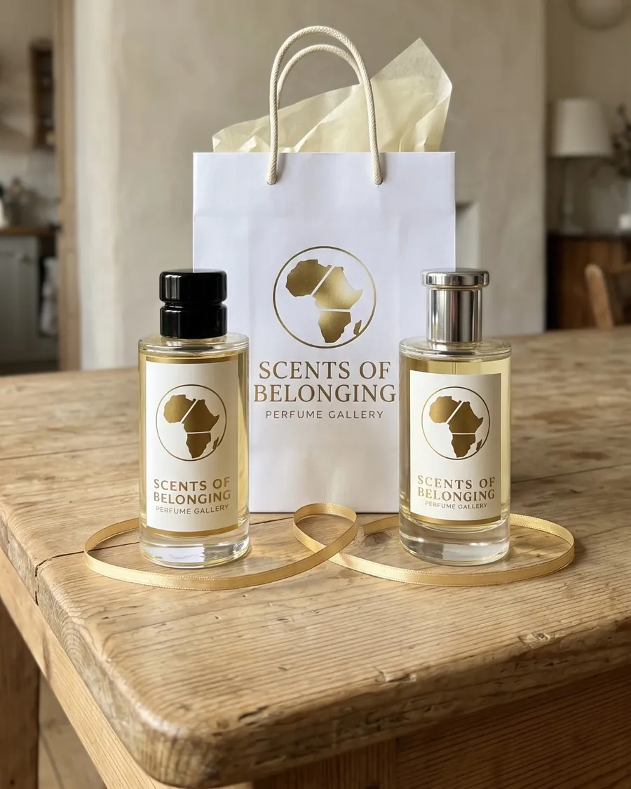 Two Scents of Belonging bottles, black cap and silver cap, in front of a white gift bag