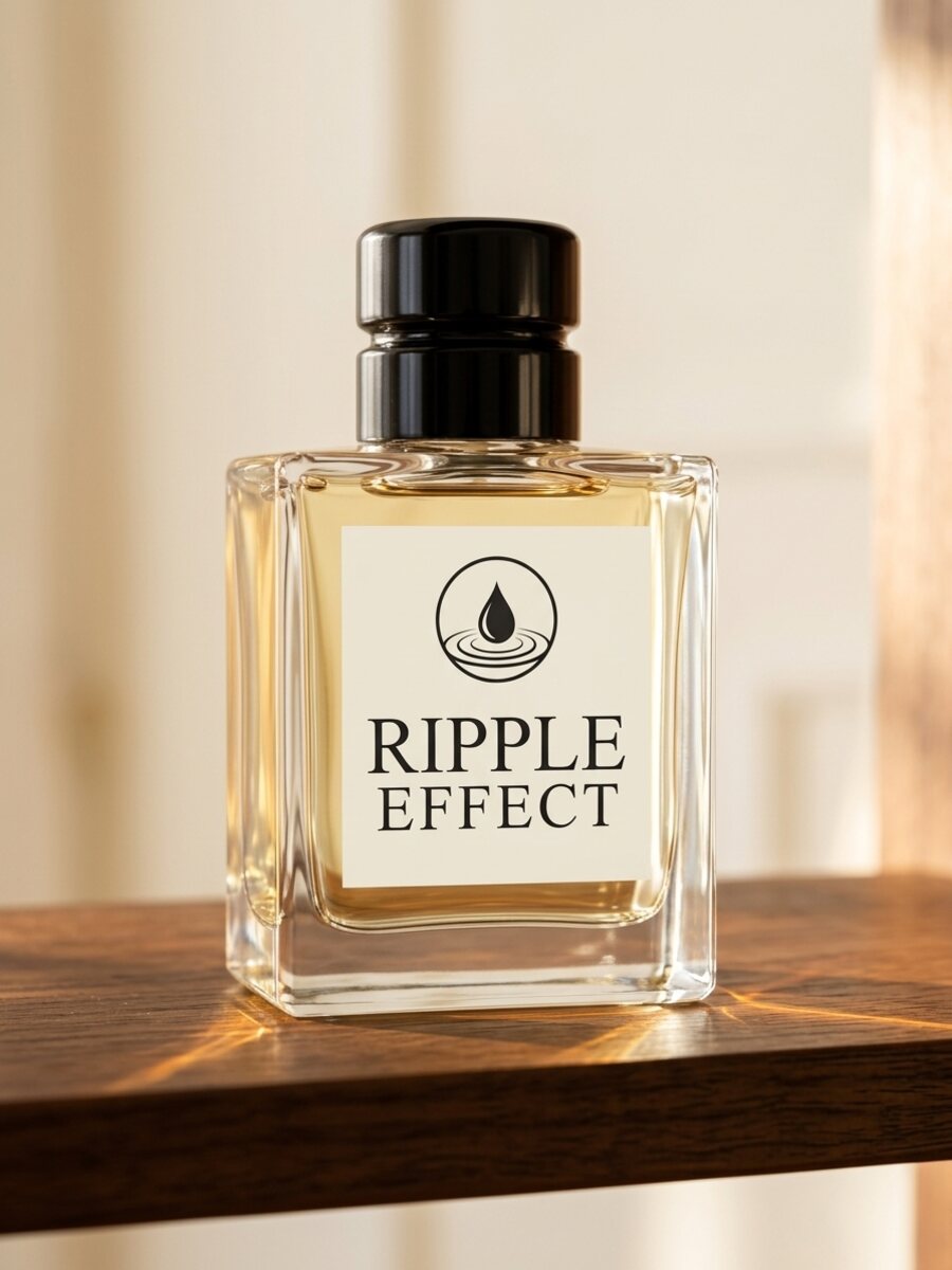 The Ripple Effect bottle, a square glass flacon with a stepped black cap, on a walnut shelf